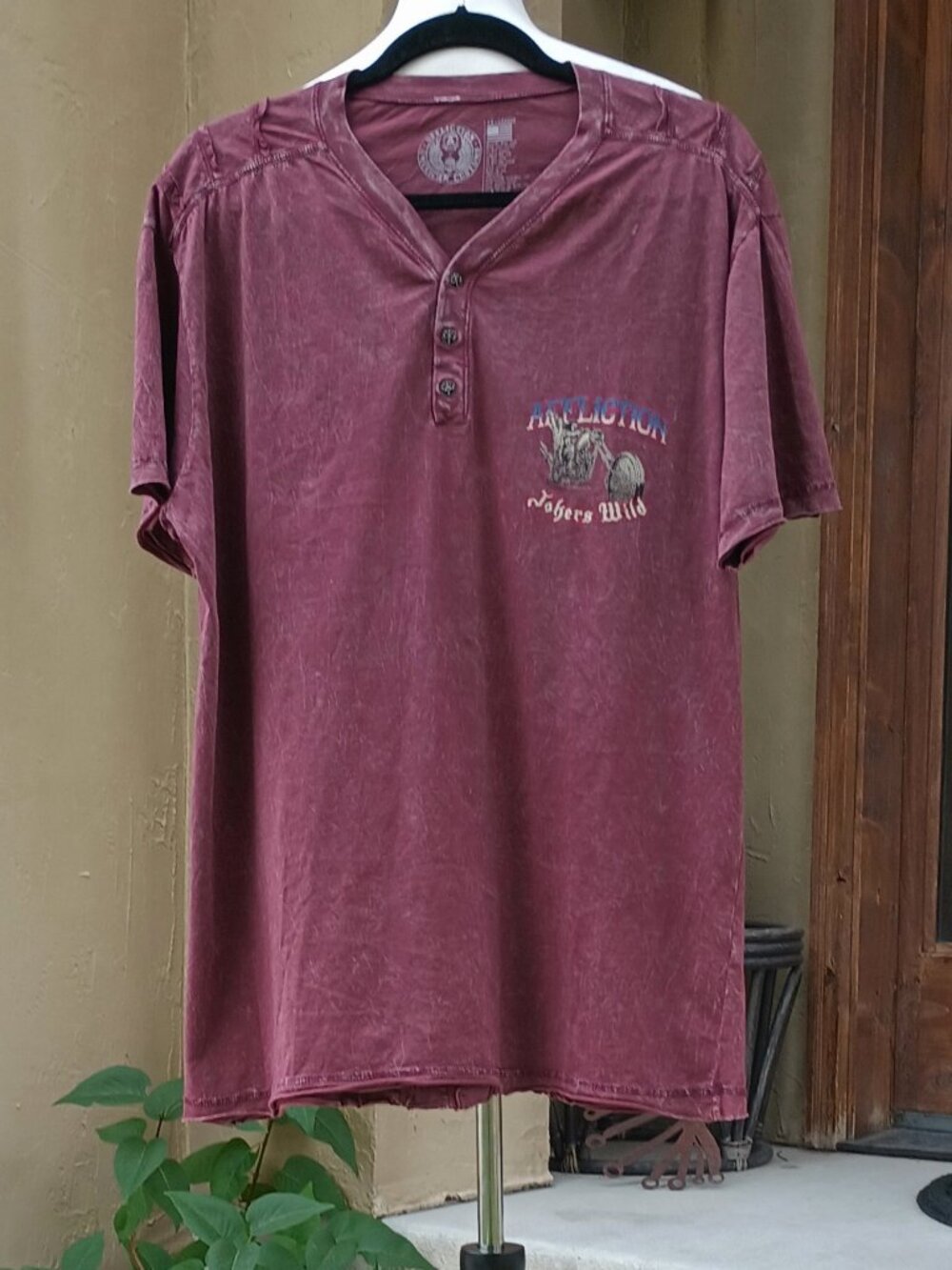Short Sleeve Henley Style Tee by Affliction, XXL, distressed wine color w/print